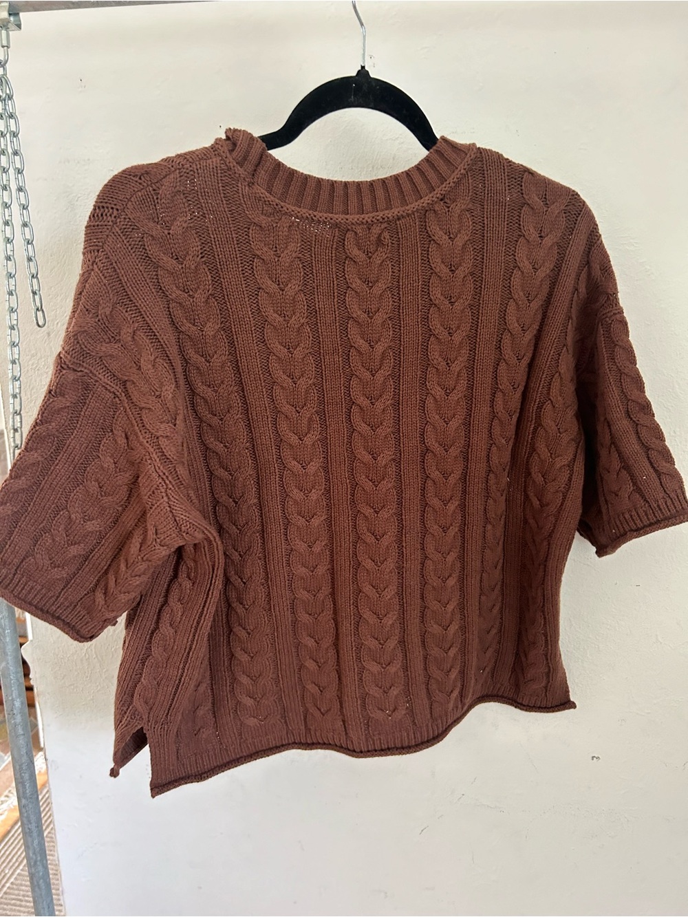 Rachel Cable-Knit Sweater top - Brown dolman wide drop length elbow 1/2 sleeve - Picture 6 of 7